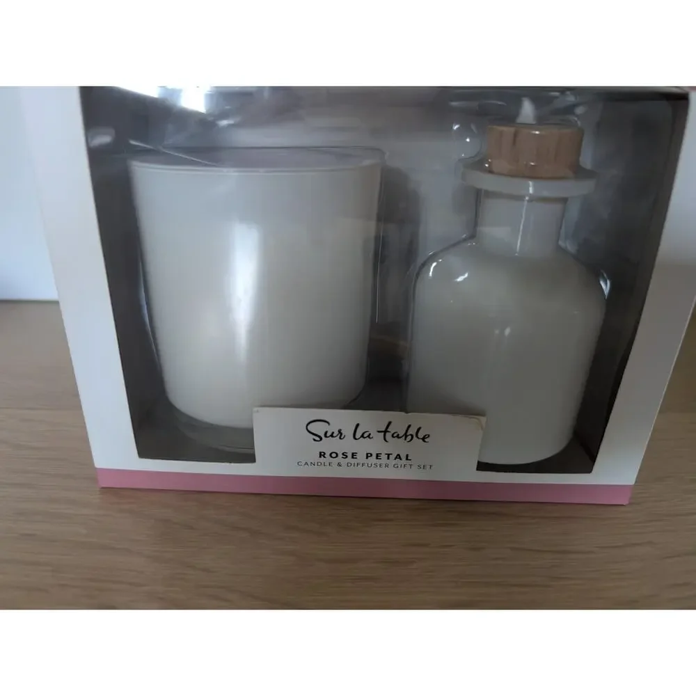 Sur La‎ Table Soy Candle & Reed Diffuser Set Rose Petal Glass Bottle Gift NIB